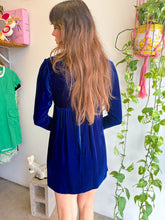 1960s Blue Velvet Mini Dress With Rhinestone Buttons - S/M