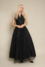 1950s Black Lace Halter Evening Dress With Surprise Red Satin Bow