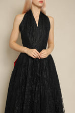 1950s Black Lace Halter Evening Dress With Surprise Red Satin Bow