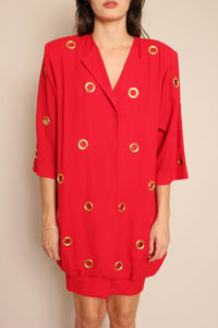 90s Red Grommet Dress & Purse Ensemble