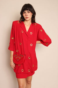 90s Red Grommet Dress & Purse Ensemble