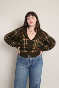 80s Green Plaid Cardigan