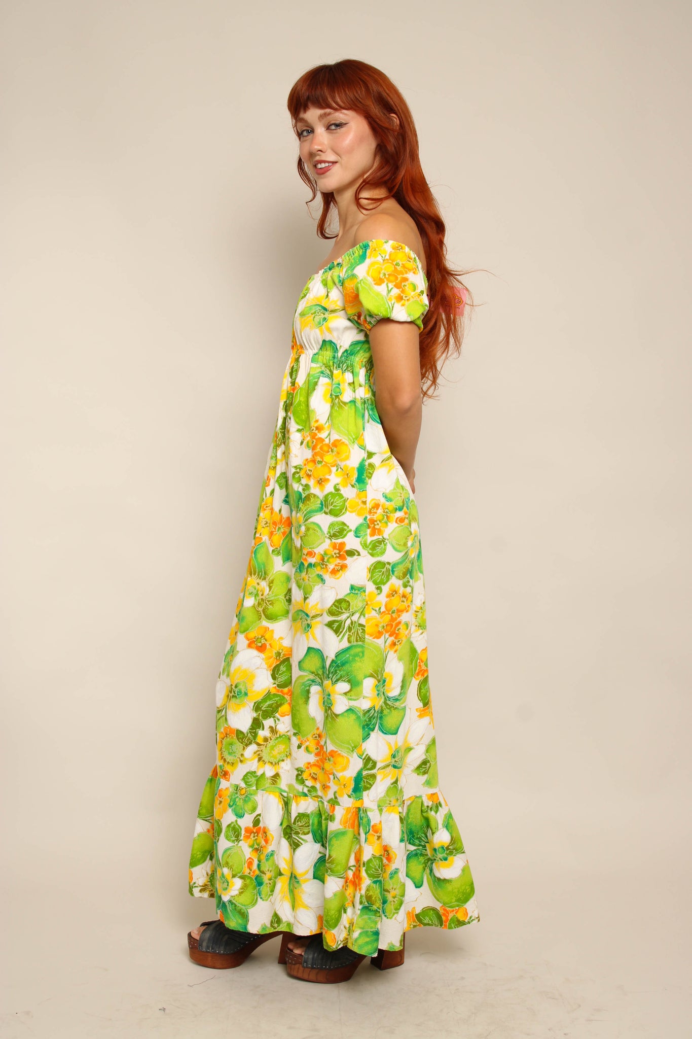 70s off the shoulder dress 70s Off The Shoulder Hawaiian Dress