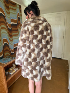 70s Checkered Faux Fur Coat
