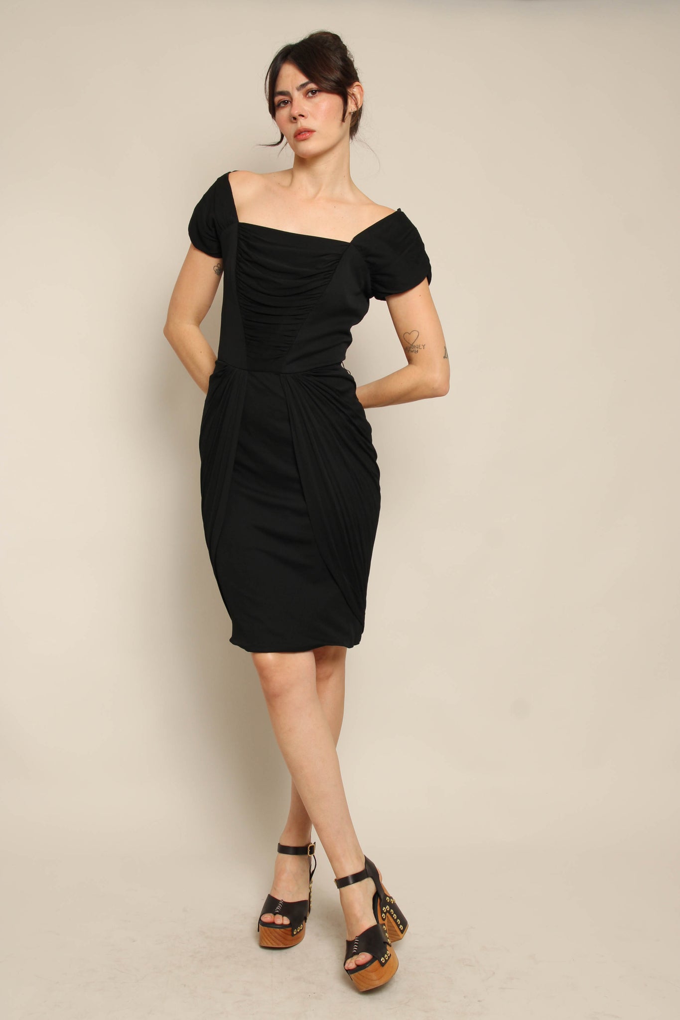 ruched cocktail dress Manon Asymmetric-Neck A side slit adds just the right amount of allure Ruched Empire-Waist Short Cocktail Dress