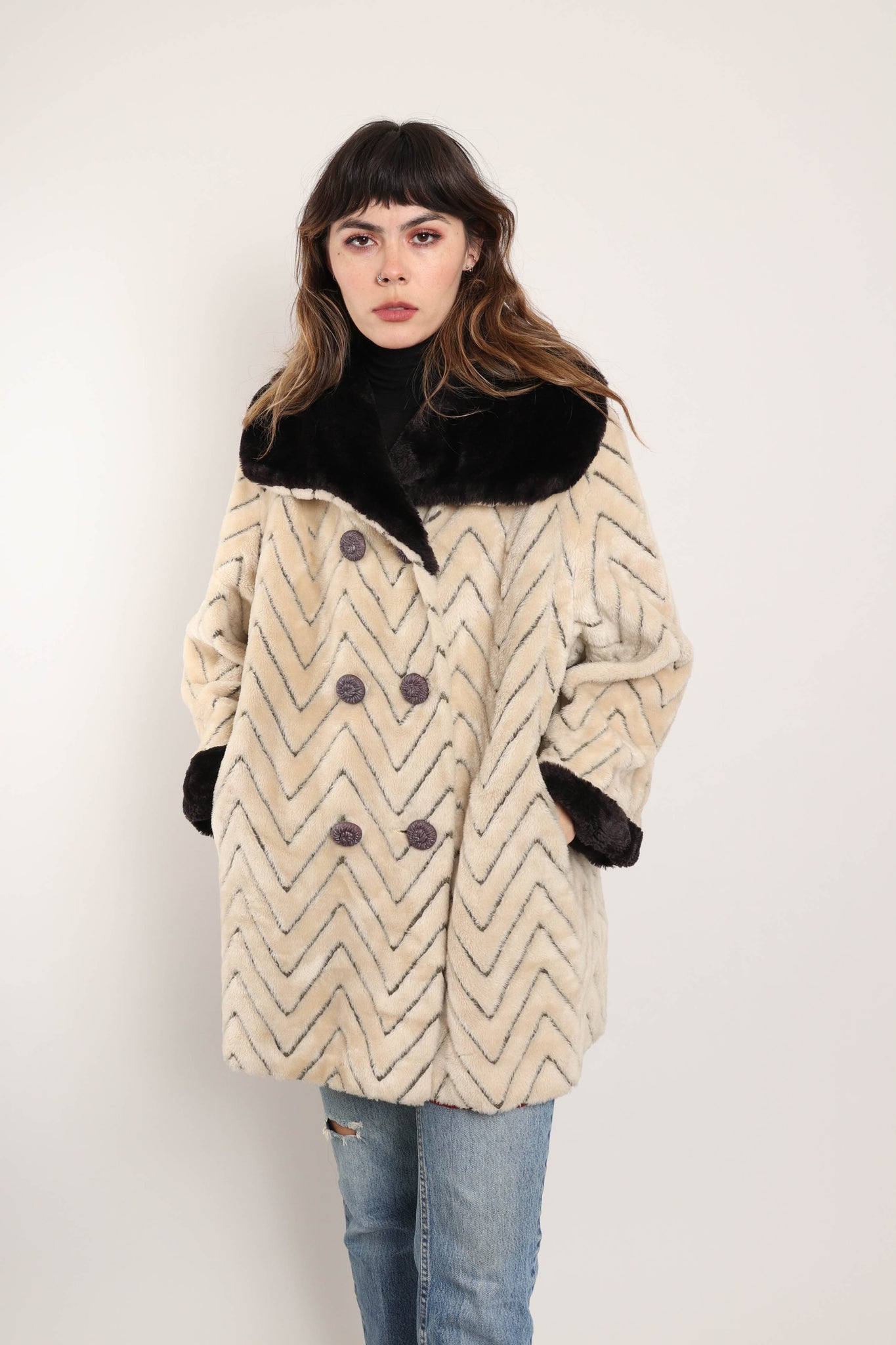 Chevron faux sale fur coat