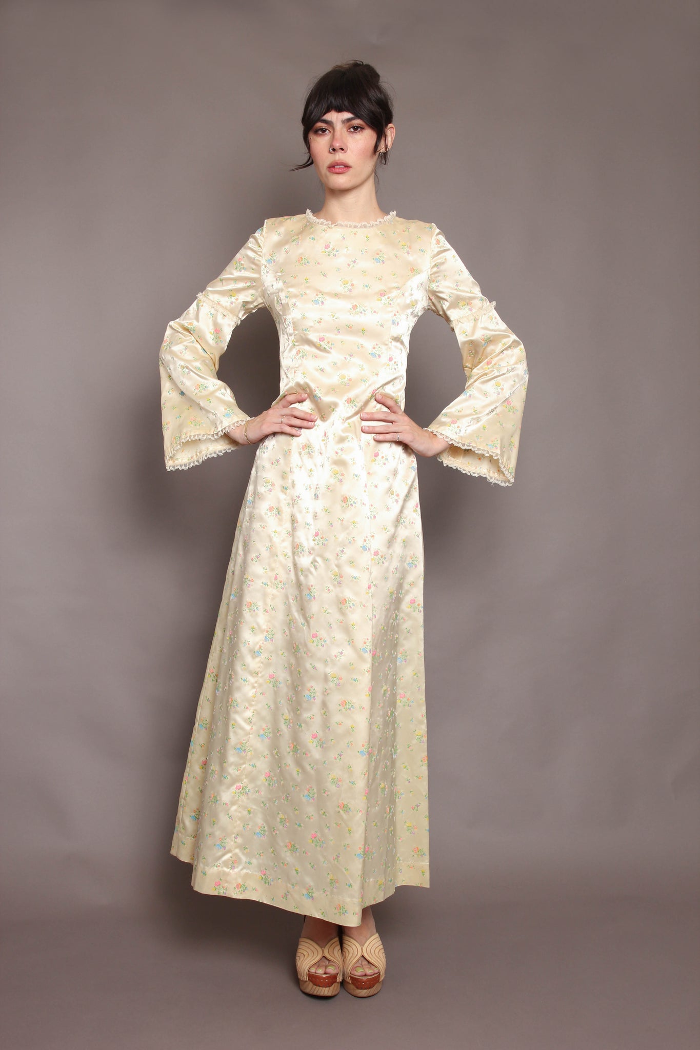 70s Flocked Bell Sleeve Dress Luxie Vintage 70s Flocked Bell Sleeve Dress Luxie Vintage