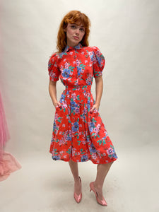 80s Red Floral Dress