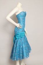 80s Blue Strapless Lace Dress