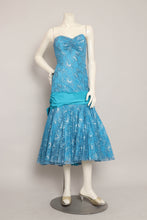 80s Blue Strapless Lace Dress