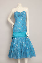 80s Blue Strapless Lace Dress