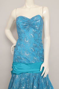 80s Blue Strapless Lace Dress