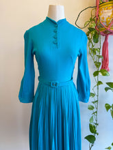 50s Blue Pleated Knit Dress With Belt