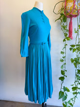 50s Blue Pleated Knit Dress With Belt