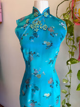 80s Blue Brocade Cheongsam Dress