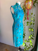 80s Blue Brocade Cheongsam Dress
