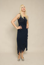 Y2K Midnight Blue Beaded Asymmetric Chiffon Dress