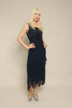Y2K Midnight Blue Beaded Asymmetric Chiffon Dress