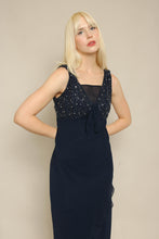 Y2K Midnight Blue Beaded Asymmetric Chiffon Dress