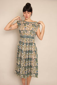 70s Green Paisley Gauze Dress
