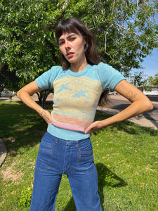 70s Bird Print Space Dye Sweater