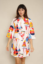1970s Sail Boat Print Cotton Dress With O-Ring Zipper