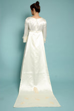 60s Bell Sleeve Satin Wedding Dress With Appliqués & Train