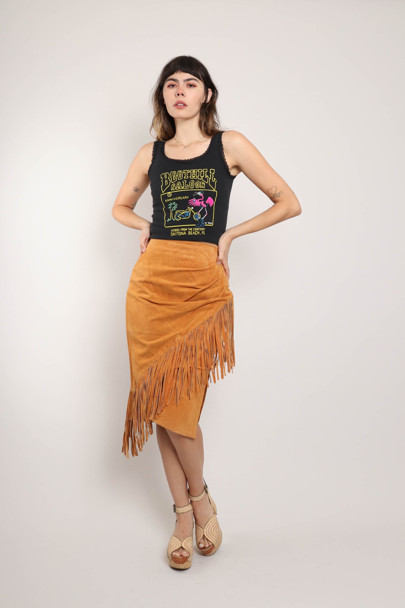 90s 00s Suede Leather Fringe Skirt Y2K - ひざ丈スカート