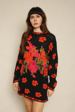 1990s Black Autumn Floral Knit Sweater Dress