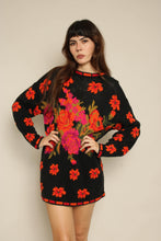 1990s Black Autumn Floral Knit Sweater Dress