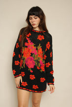 1990s Black Autumn Floral Knit Sweater Dress