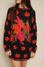 1990s Black Autumn Floral Knit Sweater Dress