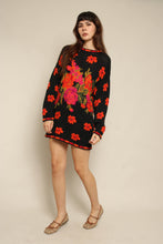 1990s Black Autumn Floral Knit Sweater Dress