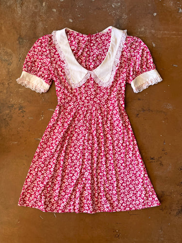 70s Maroon Floral Mini Dress - S