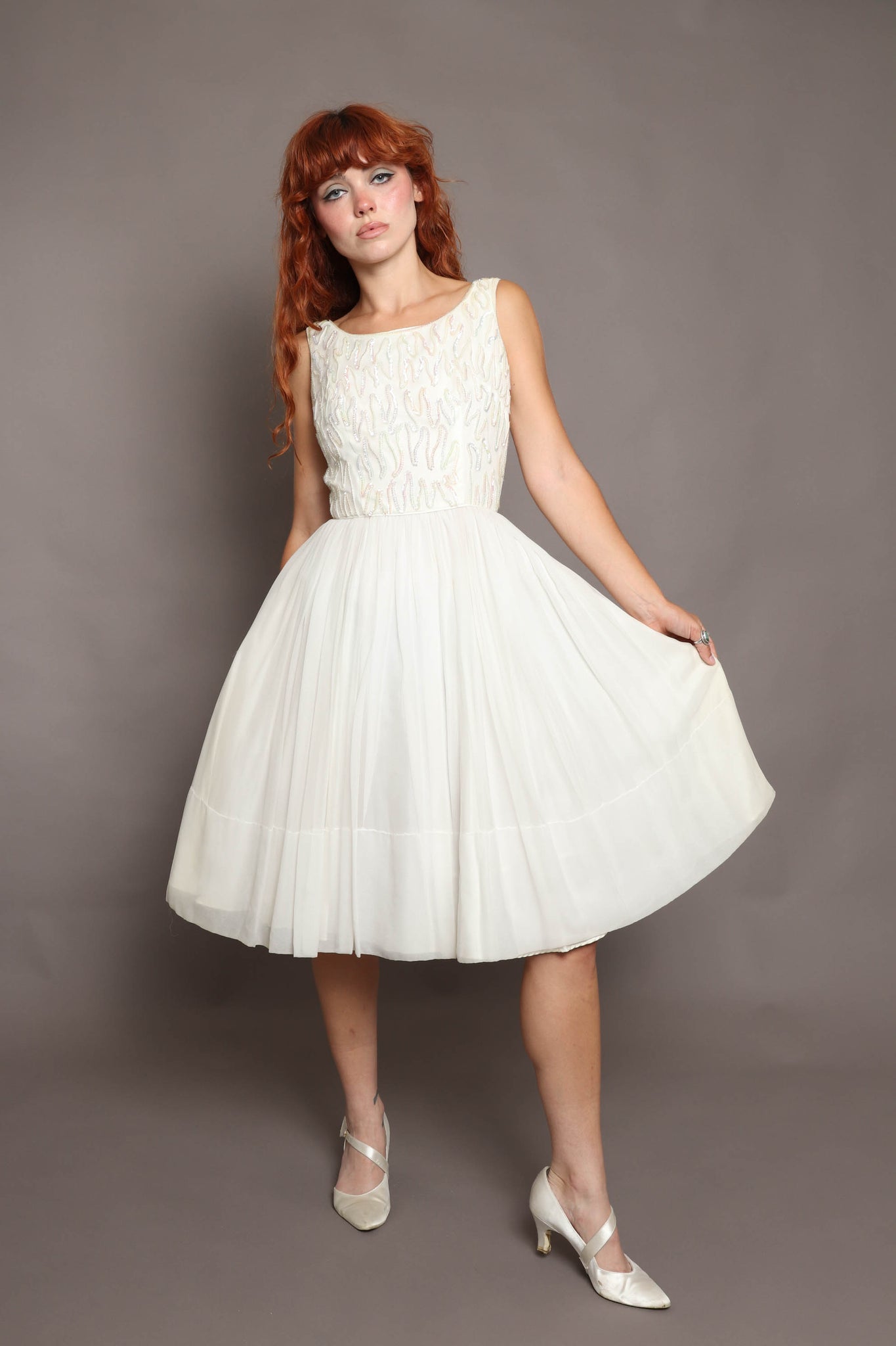 chiffon 50s dress 1950's Ivory Chiffon Strapless Tiered Ruffle Full-Length 'New Look' Vintage Bridal Gown
