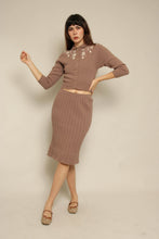 1950s Brown Wool Knit Cardigan Sweater & Skirt Set