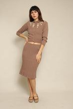 1950s Brown Wool Knit Cardigan Sweater & Skirt Set