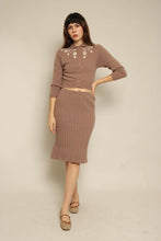 1950s Brown Wool Knit Cardigan Sweater & Skirt Set