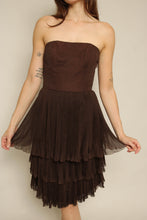 1960s Bonwit Teller Brown Strapless Micro Pleated Party Dress