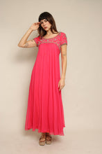 1960s Pink Beaded Chiffon Grecian Cocktail Dress With Waterfall Sash