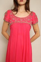 1960s Pink Beaded Chiffon Grecian Cocktail Dress With Waterfall Sash