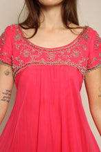 1960s Pink Beaded Chiffon Grecian Cocktail Dress With Waterfall Sash