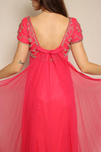 1960s Pink Beaded Chiffon Grecian Cocktail Dress With Waterfall Sash