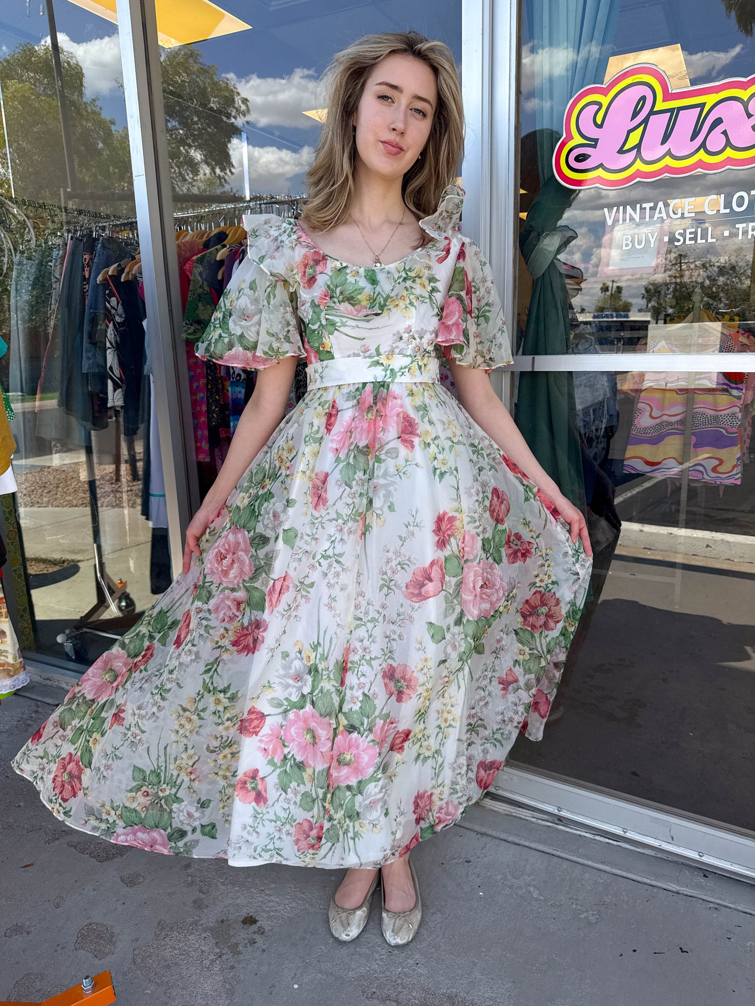 70s Fluttery Chiffon Floral Dress
