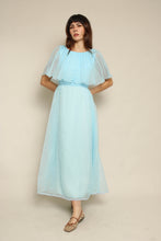 1970s Blue Pleated Chiffon Grecian Maxi Dress