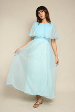 1970s Blue Pleated Chiffon Grecian Maxi Dress