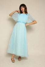 1970s Blue Pleated Chiffon Grecian Maxi Dress
