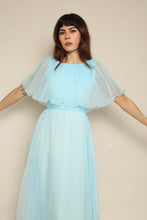 1970s Blue Pleated Chiffon Grecian Maxi Dress