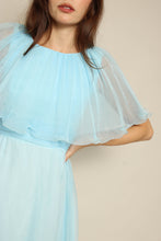 1970s Blue Pleated Chiffon Grecian Maxi Dress