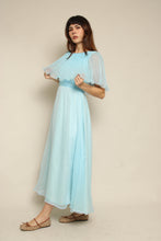 1970s Blue Pleated Chiffon Grecian Maxi Dress
